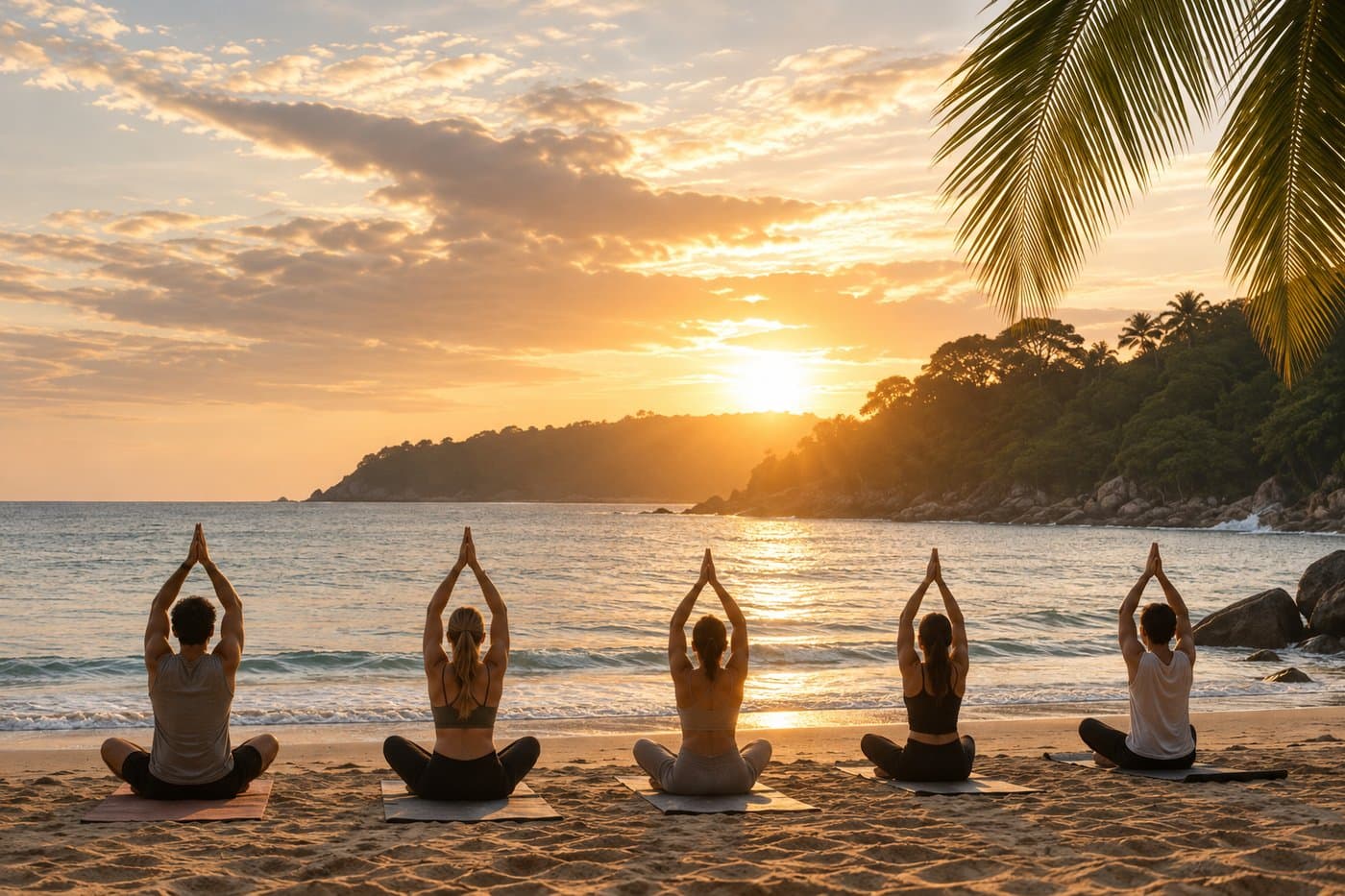 A group practising yoga on the sand at sunset, facing the sea