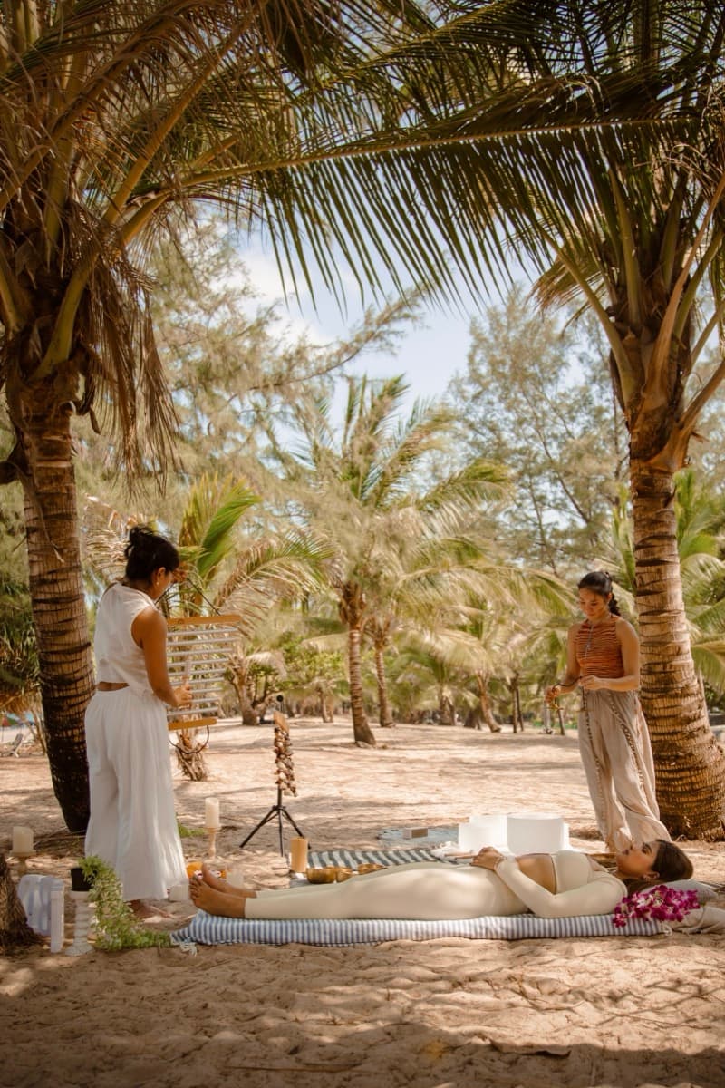 Sound healing ceremony under palm trees