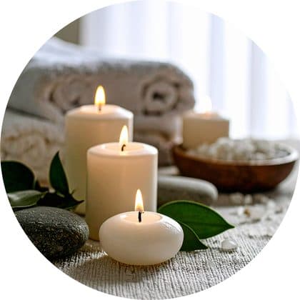 Candles, rolled towels and leaves in a spa setting