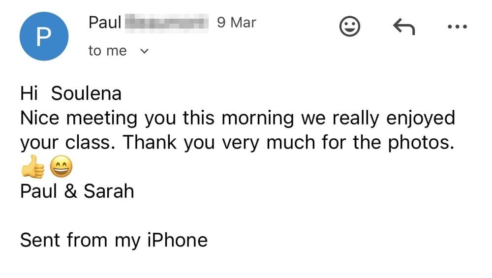 Thank-you note from Paul & Sarah after a morning class