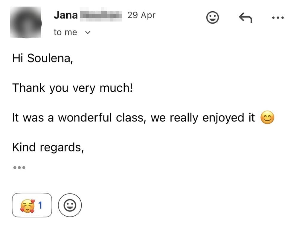 Kind words from Jana after a wonderful class