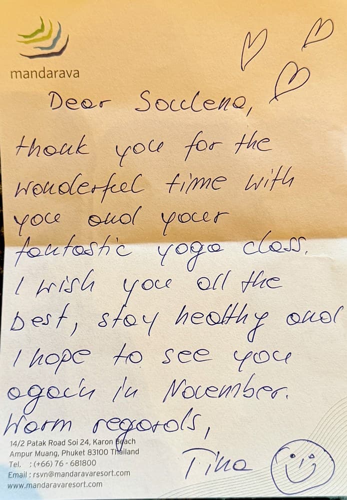 Handwritten thank-you card from Tina at Mandarava Resort