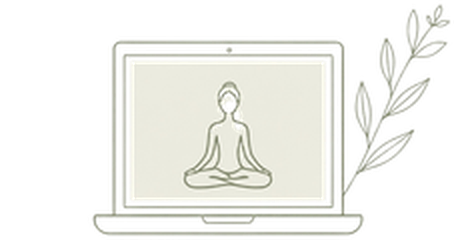 Line drawing of a laptop showing someone seated in meditation, with a botanical sprig beside it