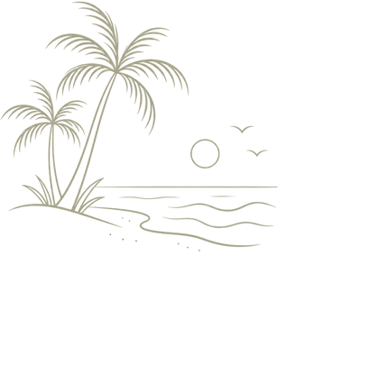 Line drawing of palms on a beach with the sun over the water
